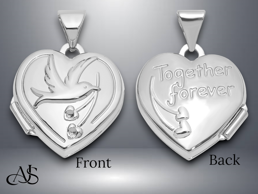 14K Yellow White Gold Dove Reversible to TOGETHER FOREVER 15mm Heart Locket | Build Your Locket Necklace with Engraving, Photo insertions, and Chain Options