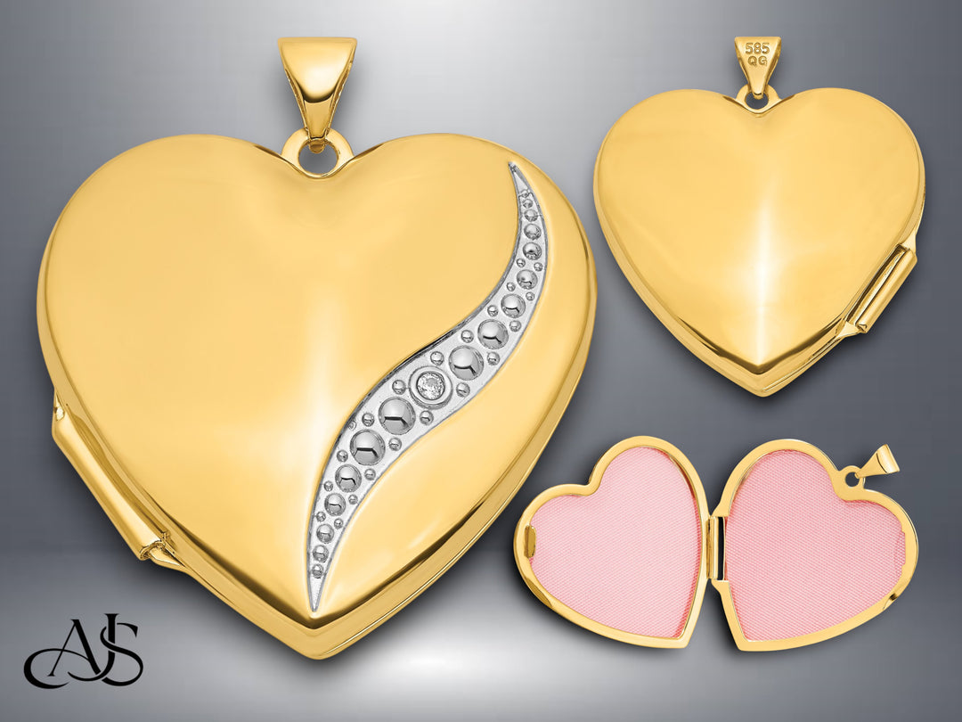14K Yellow Gold White Gold Wave Diamond 27mm Heart Locket | Build Your Locket Necklace with Engraving, Photo insertions, and Chain Options