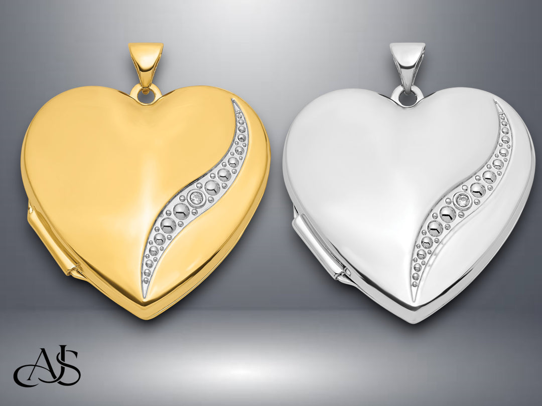 14K Yellow Gold White Gold Wave Diamond 27mm Heart Locket | Build Your Locket Necklace with Engraving, Photo insertions, and Chain Options