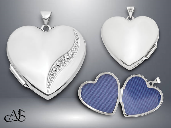 14K Yellow Gold White Gold Wave Diamond 27mm Heart Locket | Build Your Locket Necklace with Engraving, Photo insertions, and Chain Options
