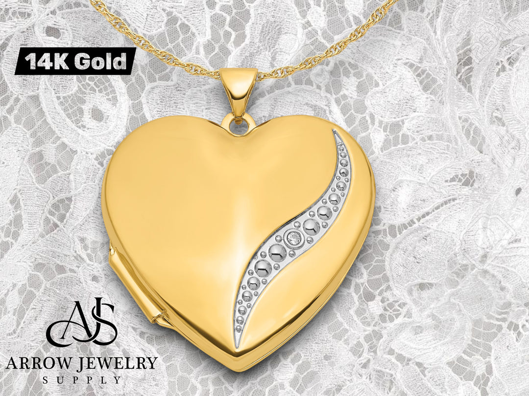 14K Yellow Gold White Gold Wave Diamond 27mm Heart Locket | Build Your Locket Necklace with Engraving, Photo insertions, and Chain Options
