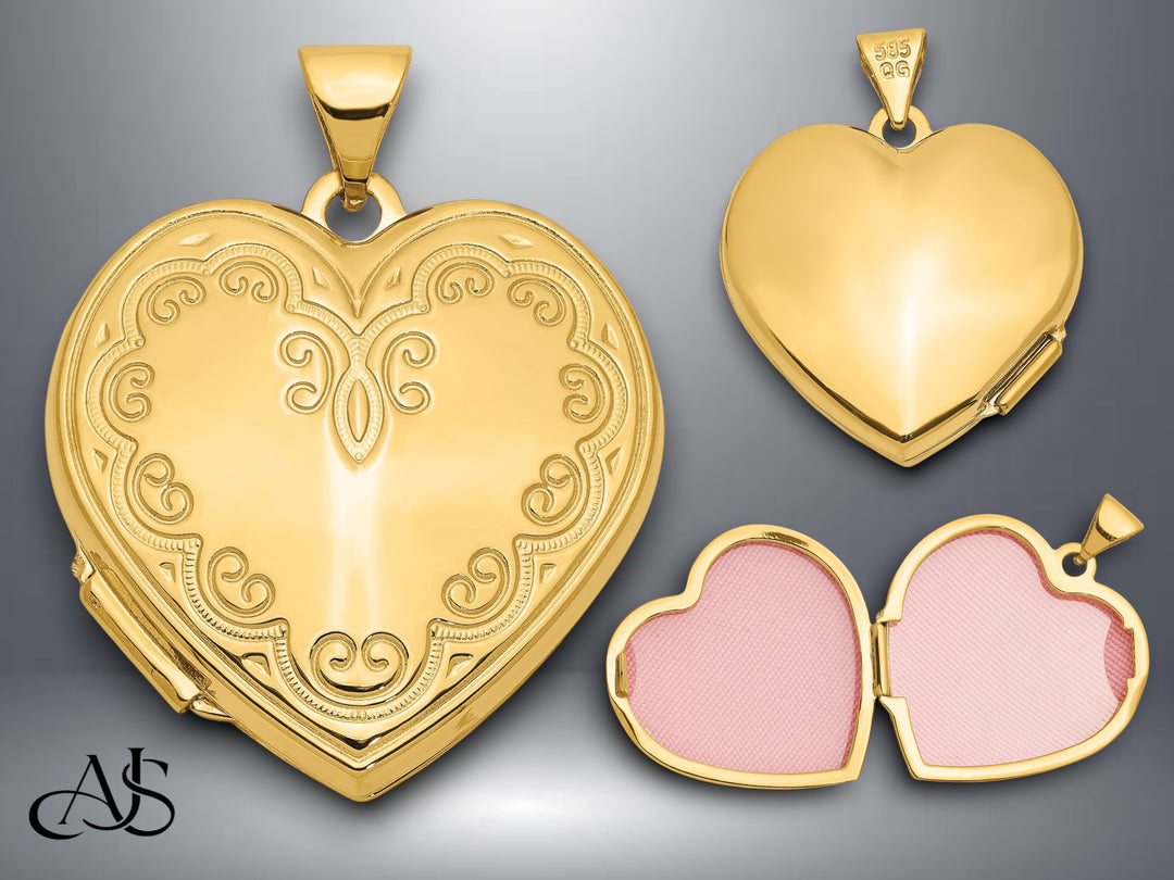 14K Yellow Gold White Gold Scallop Design 21mm Heart Locket | Build Your Locket Necklace with Engraving, Photo insertions, and Chain Options