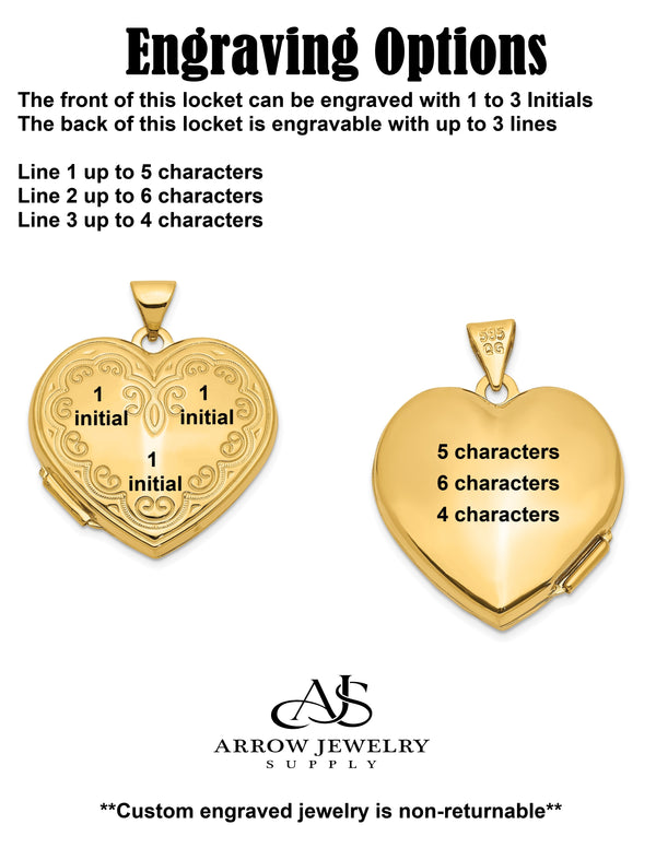 14K Yellow Gold White Gold Scallop Design 21mm Heart Locket | Build Your Locket Necklace with Engraving, Photo insertions, and Chain Options
