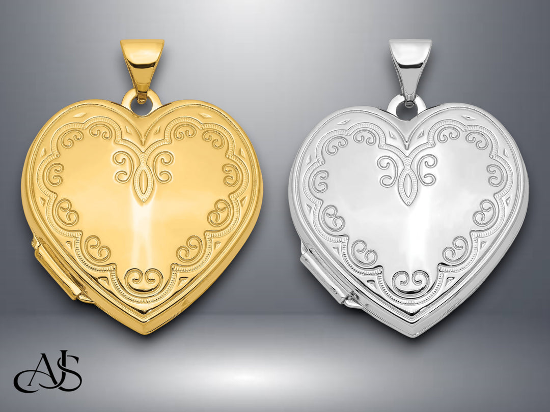14K Yellow Gold White Gold Scallop Design 21mm Heart Locket | Build Your Locket Necklace with Engraving, Photo insertions, and Chain Options