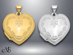 Load image into Gallery viewer, 14K Yellow Gold White Gold Scallop Design 21mm Heart Locket | Build Your Locket Necklace with Engraving, Photo insertions, and Chain Options
