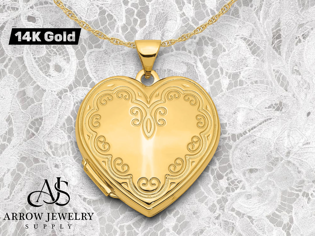 14K Yellow Gold White Gold Scallop Design 21mm Heart Locket | Build Your Locket Necklace with Engraving, Photo insertions, and Chain Options