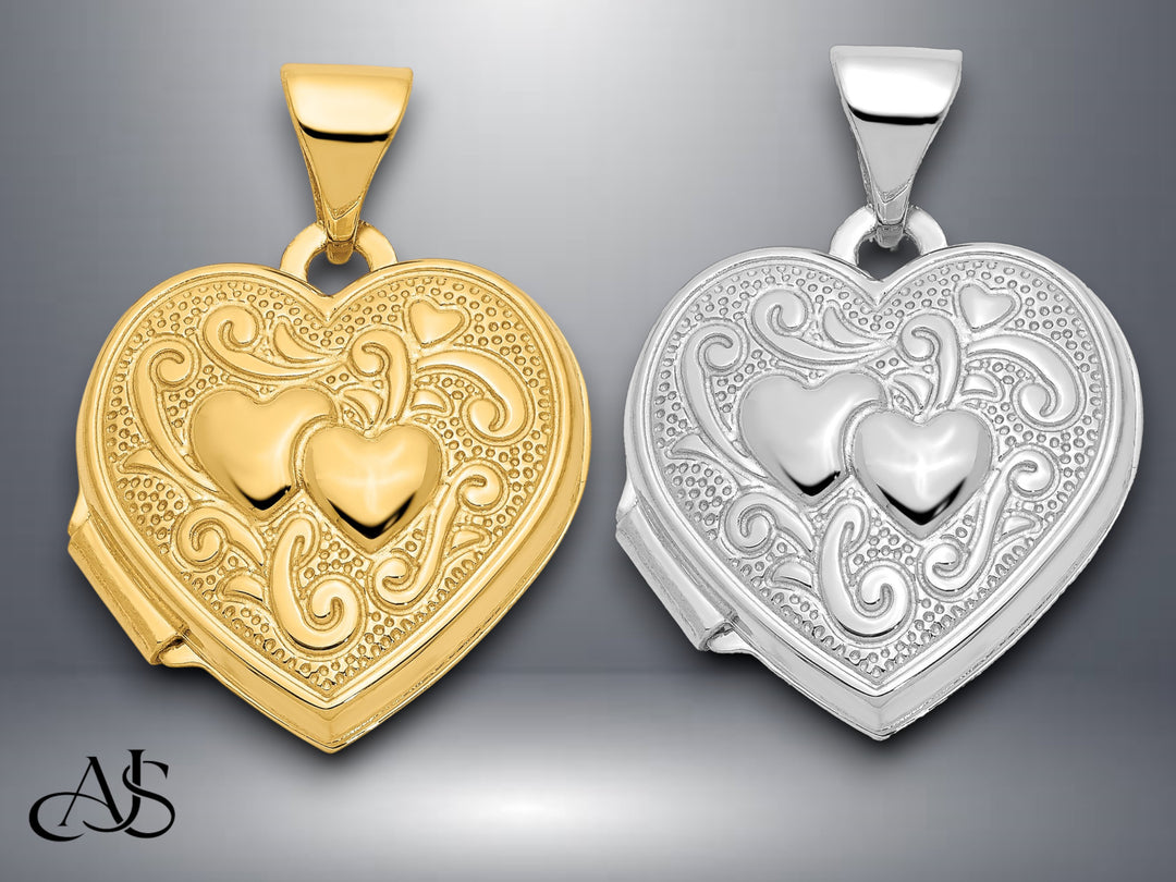 14K Yellow Gold White Gold Two Hearts 15mm Heart Locket | Build Your Locket Necklace with Engraving, Photo insertions, and Chain Options