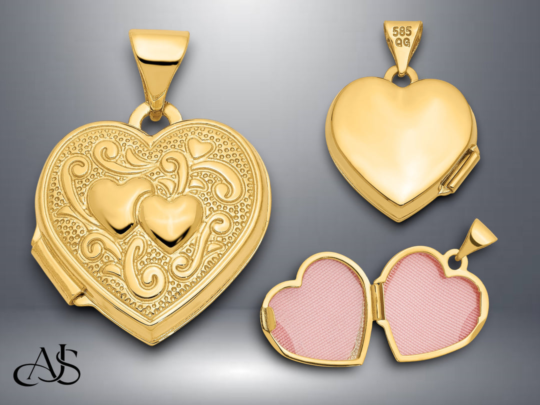 14K Yellow Gold White Gold Two Hearts 15mm Heart Locket | Build Your Locket Necklace with Engraving, Photo insertions, and Chain Options