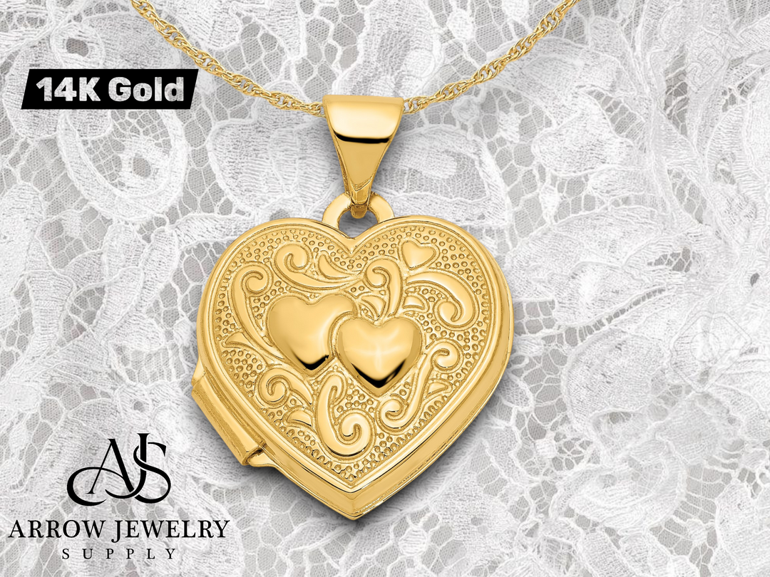 14K Yellow Gold White Gold Two Hearts 15mm Heart Locket | Build Your Locket Necklace with Engraving, Photo insertions, and Chain Options