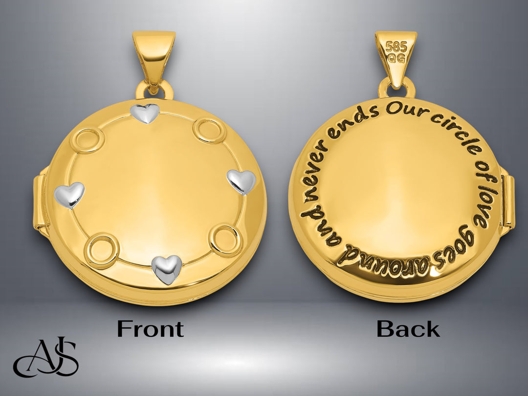 14K Yellow Gold White Rhodium 'Our Circle Of Love Goes Around And Never Ends' 20mm Locket | Build Your Locket Necklace with Engraving, Photo insertions, and Chain Options