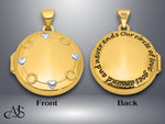 Load image into Gallery viewer, 14K Yellow Gold White Rhodium 'Our Circle Of Love Goes Around And Never Ends' 20mm Locket | Build Your Locket Necklace with Engraving, Photo insertions, and Chain Options
