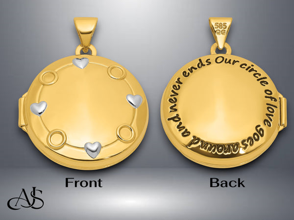 14K Yellow Gold White Rhodium 'Our Circle Of Love Goes Around And Never Ends' 20mm Locket | Build Your Locket Necklace with Engraving, Photo insertions, and Chain Options