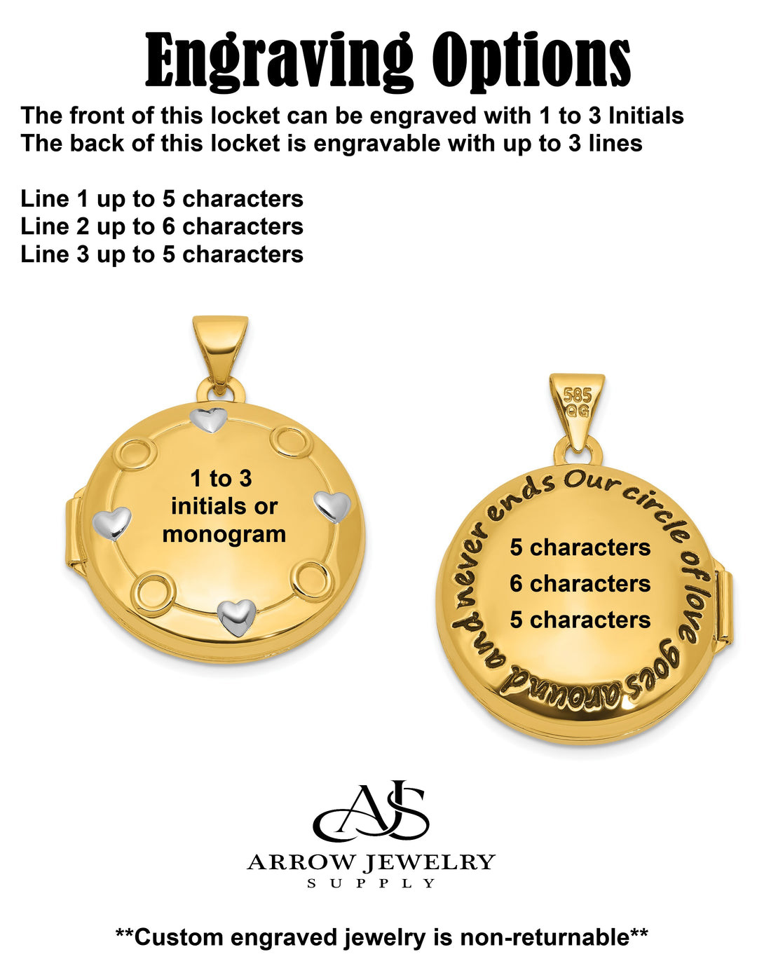14K Yellow Gold White Rhodium 'Our Circle Of Love Goes Around And Never Ends' 20mm Locket | Build Your Locket Necklace with Engraving, Photo insertions, and Chain Options
