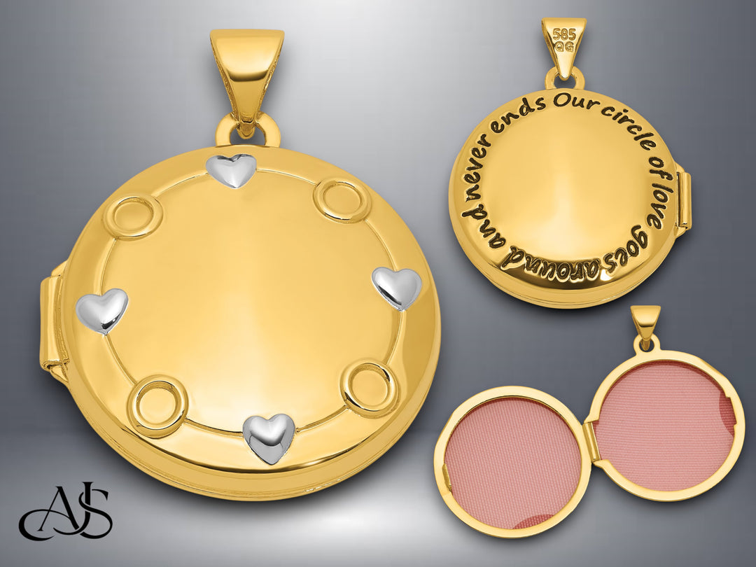 14K Yellow Gold White Rhodium 'Our Circle Of Love Goes Around And Never Ends' 20mm Locket | Build Your Locket Necklace with Engraving, Photo insertions, and Chain Options