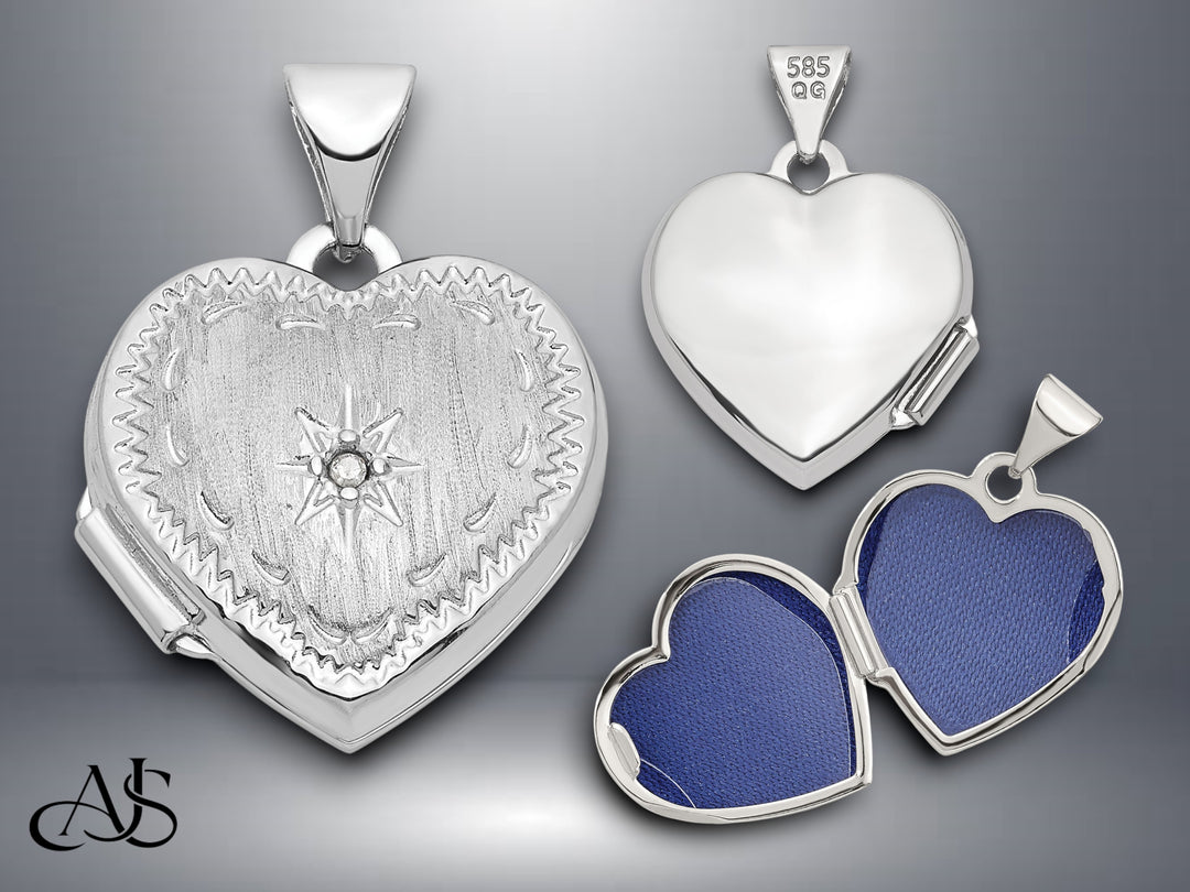 14K White Gold Brushed Diamond Star 15mm Heart Locket | Build Your Locket Necklace with Engraving, Photo insertions, and Chain Options