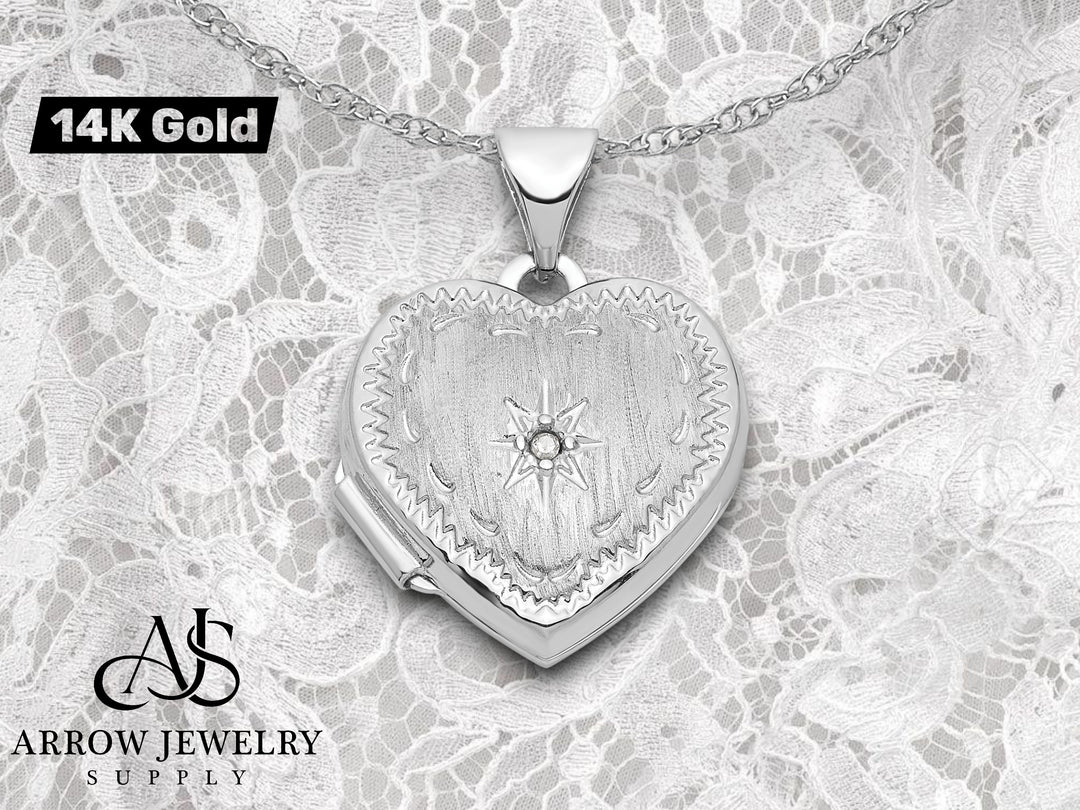 14K White Gold Brushed Diamond Star 15mm Heart Locket | Build Your Locket Necklace with Engraving, Photo insertions, and Chain Options