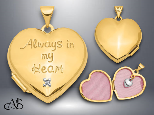 14K Two-tone Diamond 'Always in my heart' with Heart Charm Inside 21mm Heart Locket  | Build Your Locket Necklace with Engraving, Photo insertions, and Chain Options