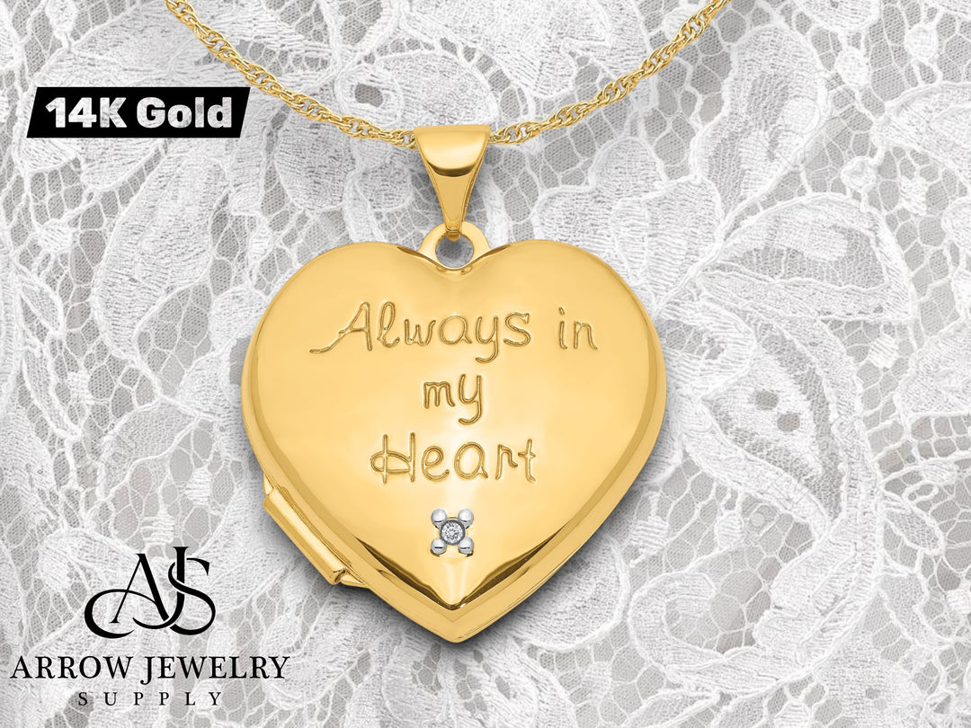14K Two-tone Diamond 'Always in my heart' with Heart Charm Inside 21mm Heart Locket  | Build Your Locket Necklace with Engraving, Photo insertions, and Chain Options