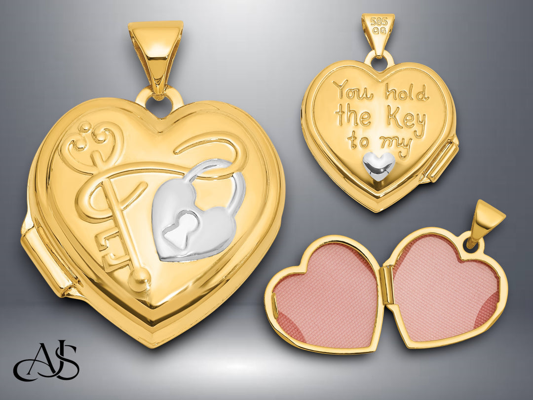 14K Yellow White Gold Lock and Key ' You hold the key to my heart ' 18mm Heart Locket | Build Your Locket Necklace with Engraving, Photo insertions, and Chain Options