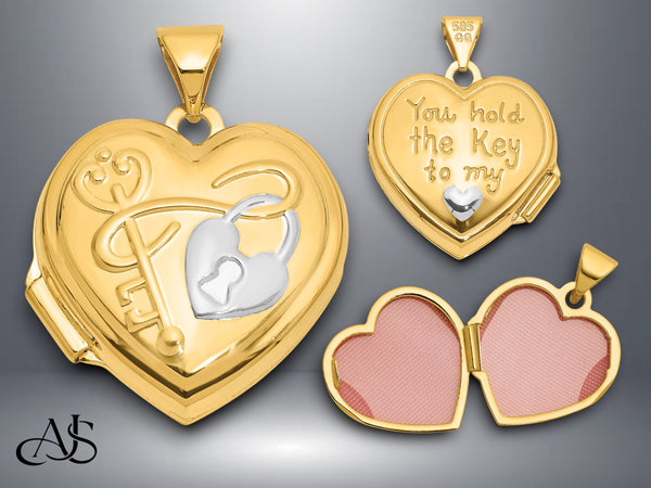 14K Yellow White Gold Lock and Key ' You hold the key to my heart ' 18mm Heart Locket | Build Your Locket Necklace with Engraving, Photo insertions, and Chain Options
