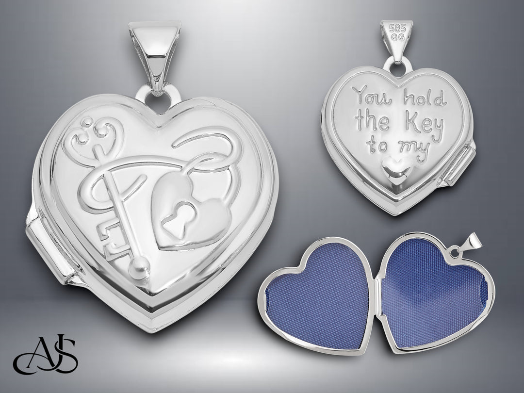 14K Yellow White Gold Lock and Key ' You hold the key to my heart ' 18mm Heart Locket | Build Your Locket Necklace with Engraving, Photo insertions, and Chain Options