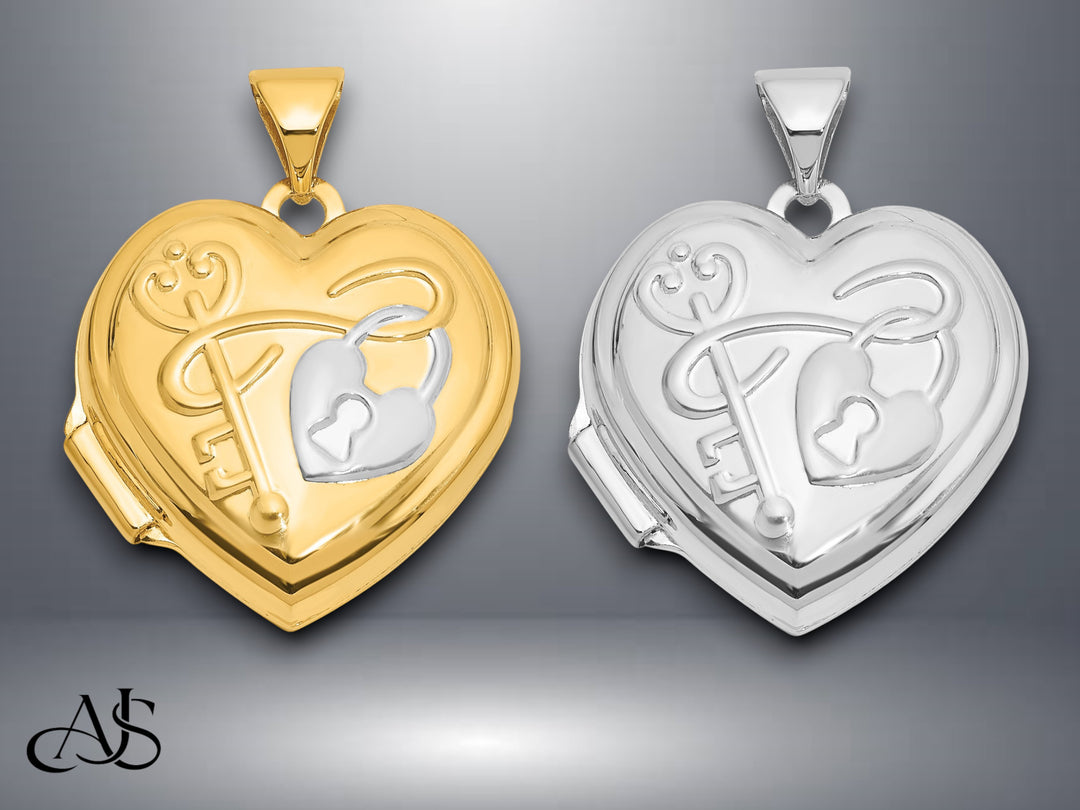 14K Yellow White Gold Lock and Key ' You hold the key to my heart ' 18mm Heart Locket | Build Your Locket Necklace with Engraving, Photo insertions, and Chain Options