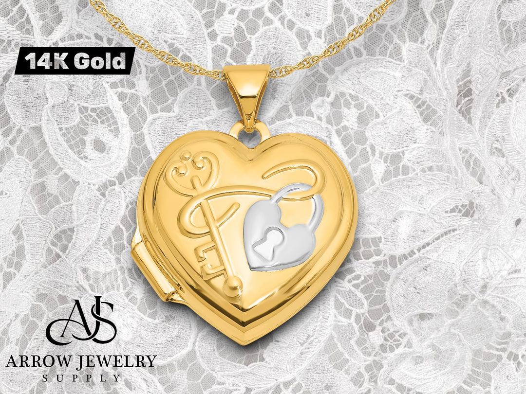 14K Yellow White Gold Lock and Key ' You hold the key to my heart ' 18mm Heart Locket | Build Your Locket Necklace with Engraving, Photo insertions, and Chain Options