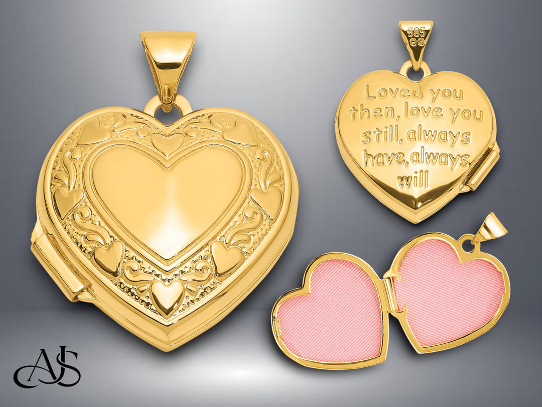 14K Yellow Gold White Gold Polished Heart Border  LOVE YOU Poem 18mm Heart Locket | Build Your Locket Necklace with Engraving, Photo insertions, and Chain Options