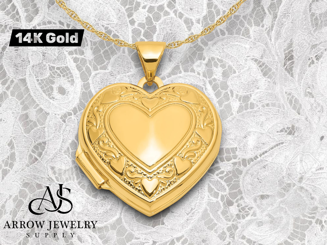 14K Yellow Gold White Gold Polished Heart Border  LOVE YOU Poem 18mm Heart Locket | Build Your Locket Necklace with Engraving, Photo insertions, and Chain Options