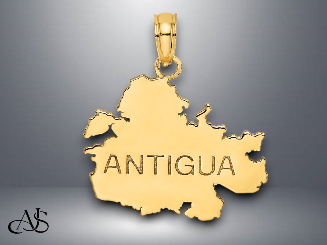 14K Yellow Gold Polished and Engraved ANTIGUA MAP Charm with Necklace Chain Options