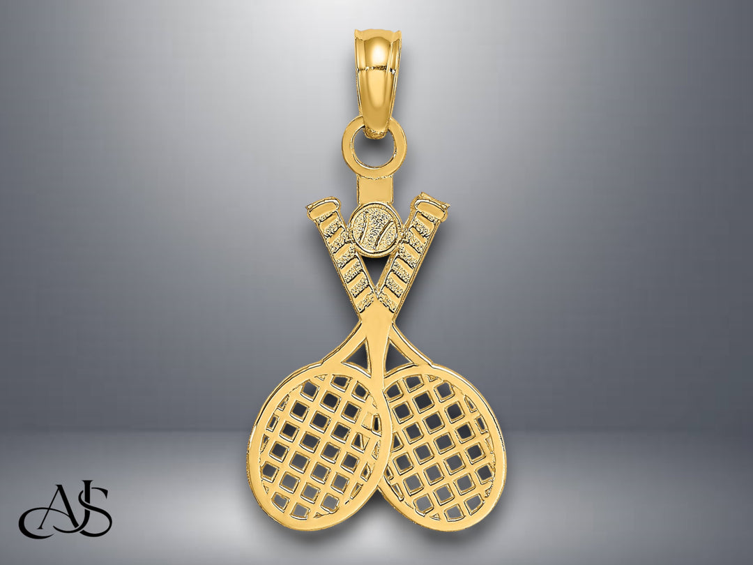 14K Yellow Gold Double Tennis Racket w/ Ball Charm with Necklace Chain Options