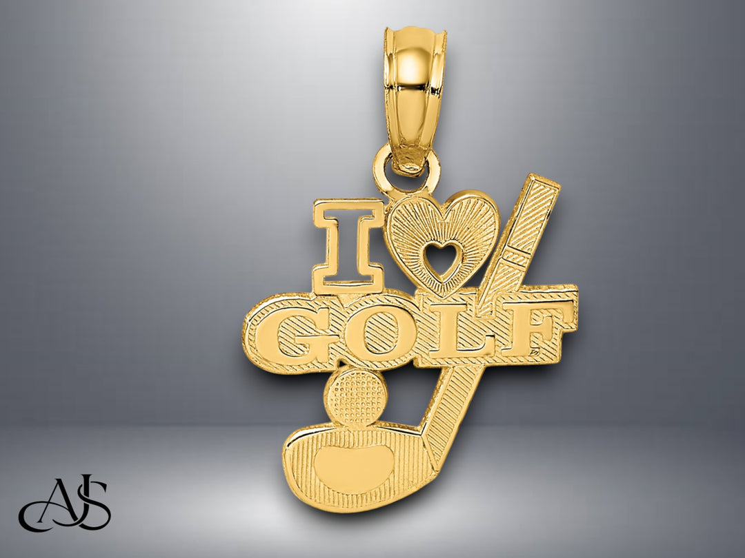 14K Yellow Gold I HEART GOLF Club and Ball Charm with Necklace Chain Options