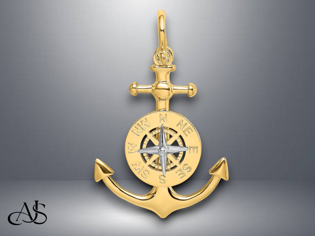 14K Two-tone Gold 3-D Anchor w/ Compass and Rhodium Needle Charm with Necklace Chain Options