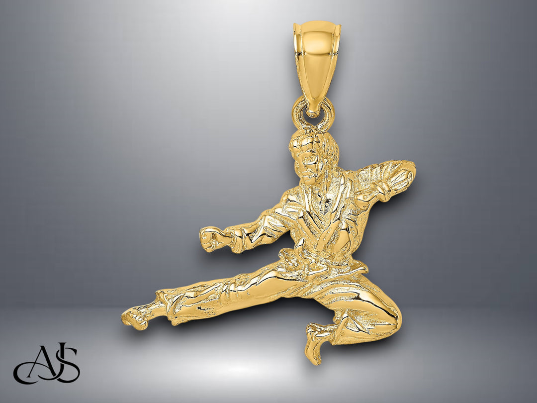 14K Yellow Gold 3-D Karate Man Pendant with Necklace Chain Options