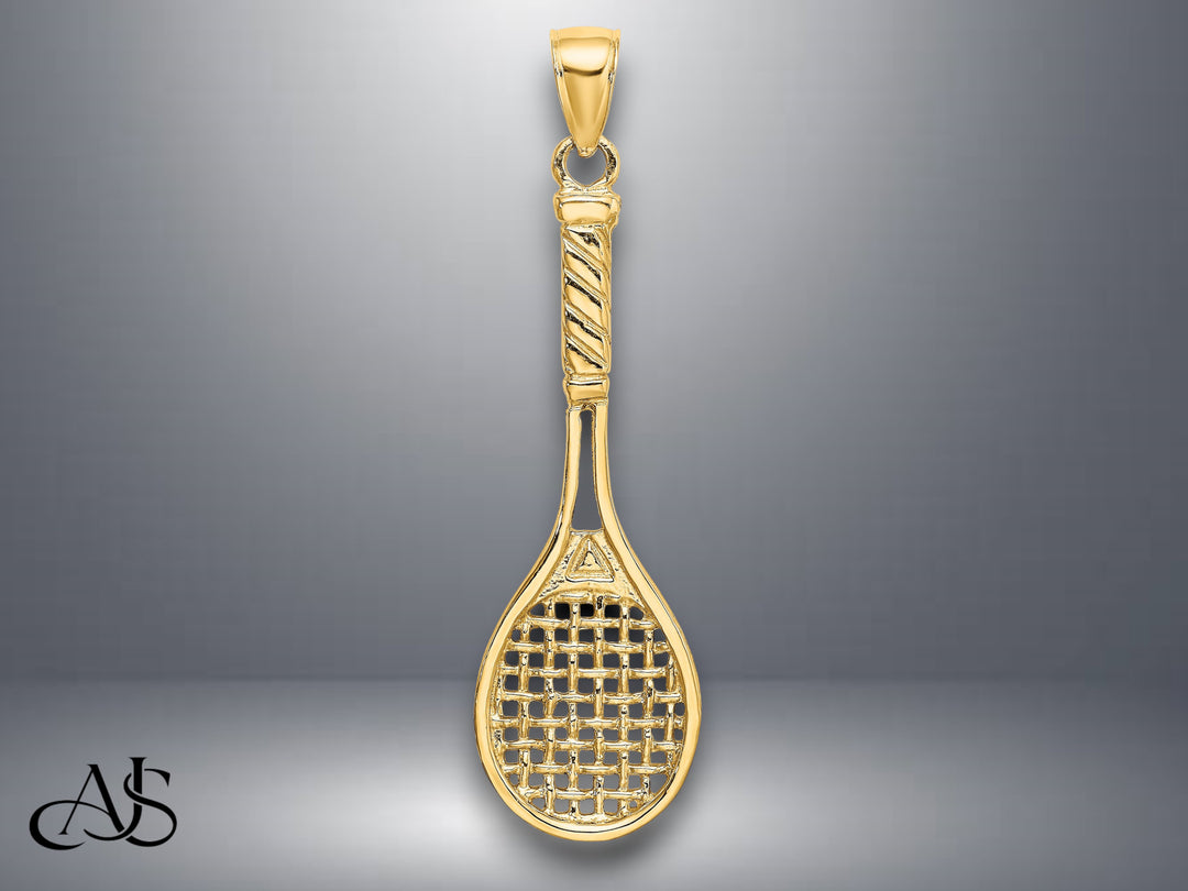 14K Yellow Gold 3-D Polished Tennis Racquet Charm with Necklace Chain Options