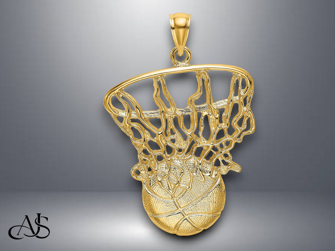 14K Yellow Gold Swoosh Basketball and Net Charm with Necklace Chain Options