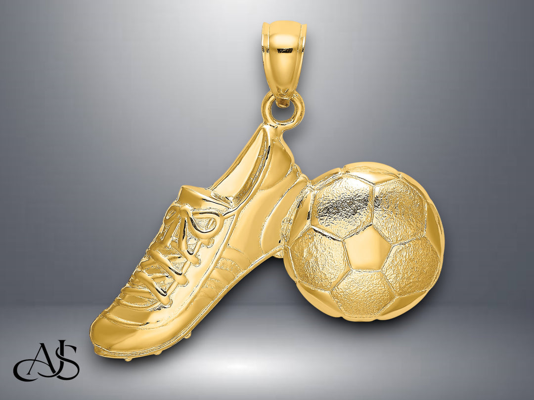 14K Yellow Gold 2-D Polished Soccer Ball and Shoe Charm with Necklace Chain Options