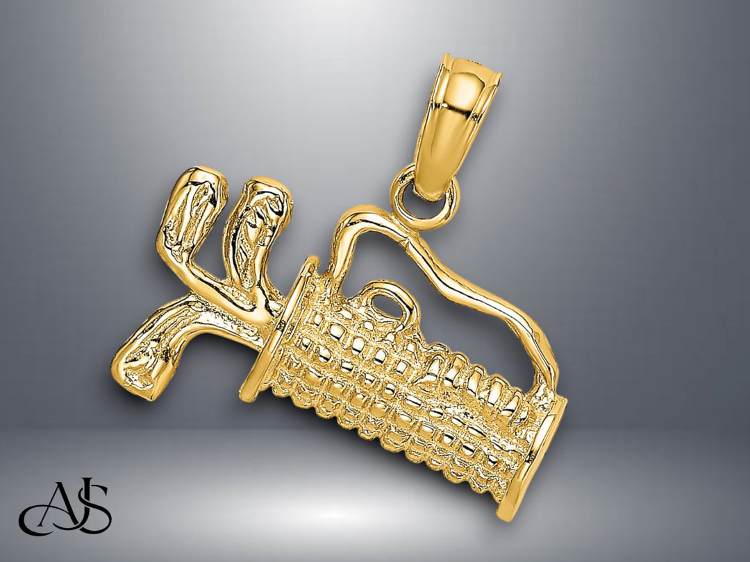 14K Yellow Gold 2-D Textured and Engraved Golf Bag Charm with Necklace Chain Options