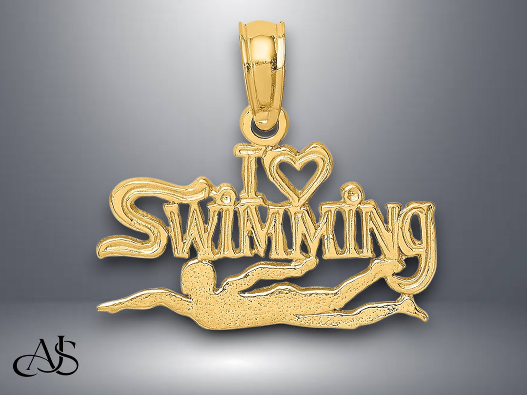 14K Yellow Gold Polished I HEART SWIMMING Charm with Necklace Chain Options
