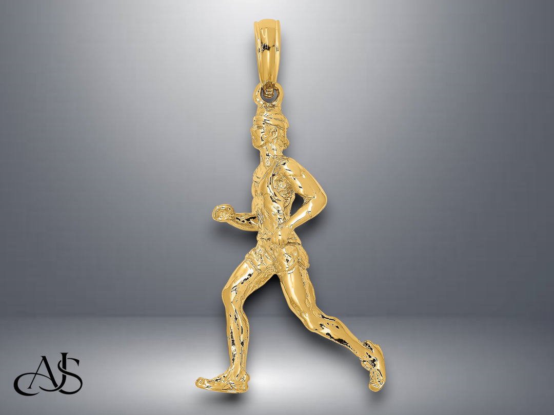 14K Yellow Gold 3-D Polished Runner Charm with Necklace Chain Options