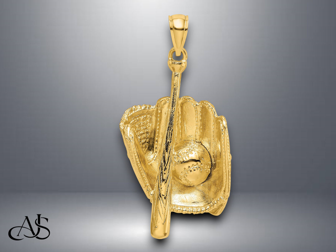 14K Yellow Gold 3-D Baseball Glove, Bat, Ball Charm with Necklace Chain Options