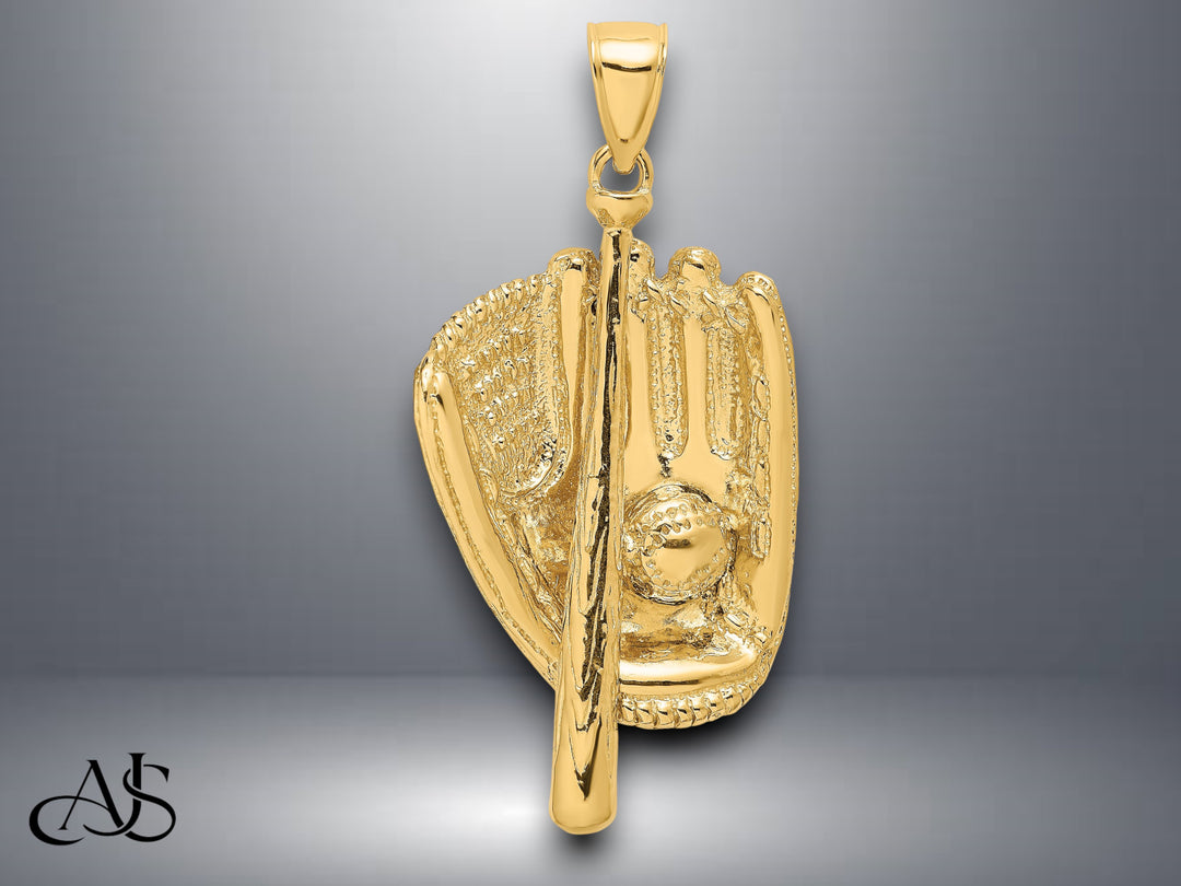 14K Yellow Gold 3-D Baseball Glove, Bat and Ball Charm with Necklace Chain Options