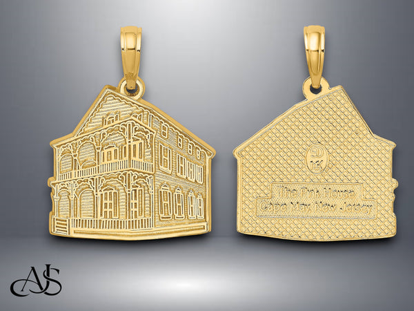 14K Yellow Gold The Pink house - CAPE MAY, NJ Charm with Necklace Chain Options