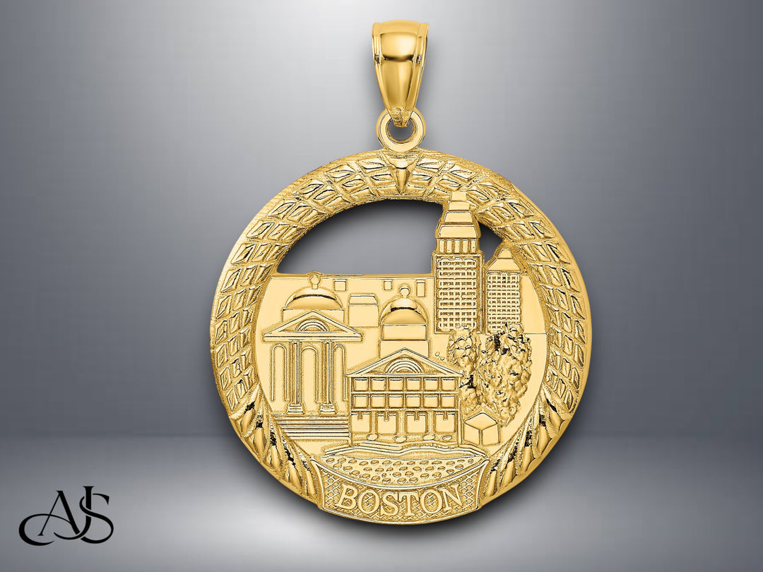 14K Yellow Gold BOSTON Town Scene Round Charm with Necklace Chain Options