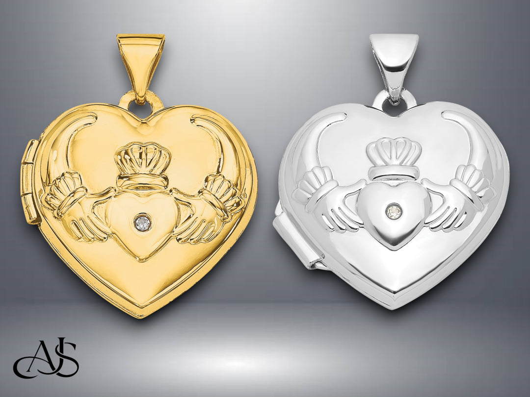 14K Yellow White Gold Diamond Claddagh with Poem on Reverse 18mm Heart Locket | Build Your Locket Necklace with Engraving, Photo insertions, and Chain Options