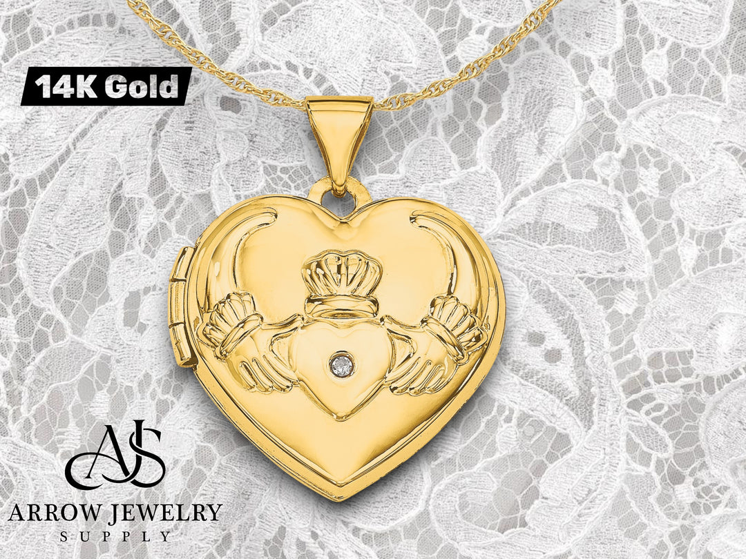 14K Yellow White Gold Diamond Claddagh with Poem on Reverse 18mm Heart Locket | Build Your Locket Necklace with Engraving, Photo insertions, and Chain Options
