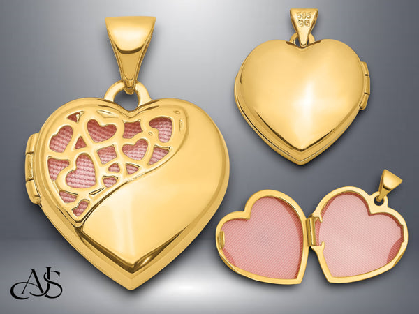 14K Yellow Gold Hearts Cut Out with Pink Fabric Interior 16mm Heart Locket | Build Your Locket Necklace with Engraving, Photo insertions, and Chain Options