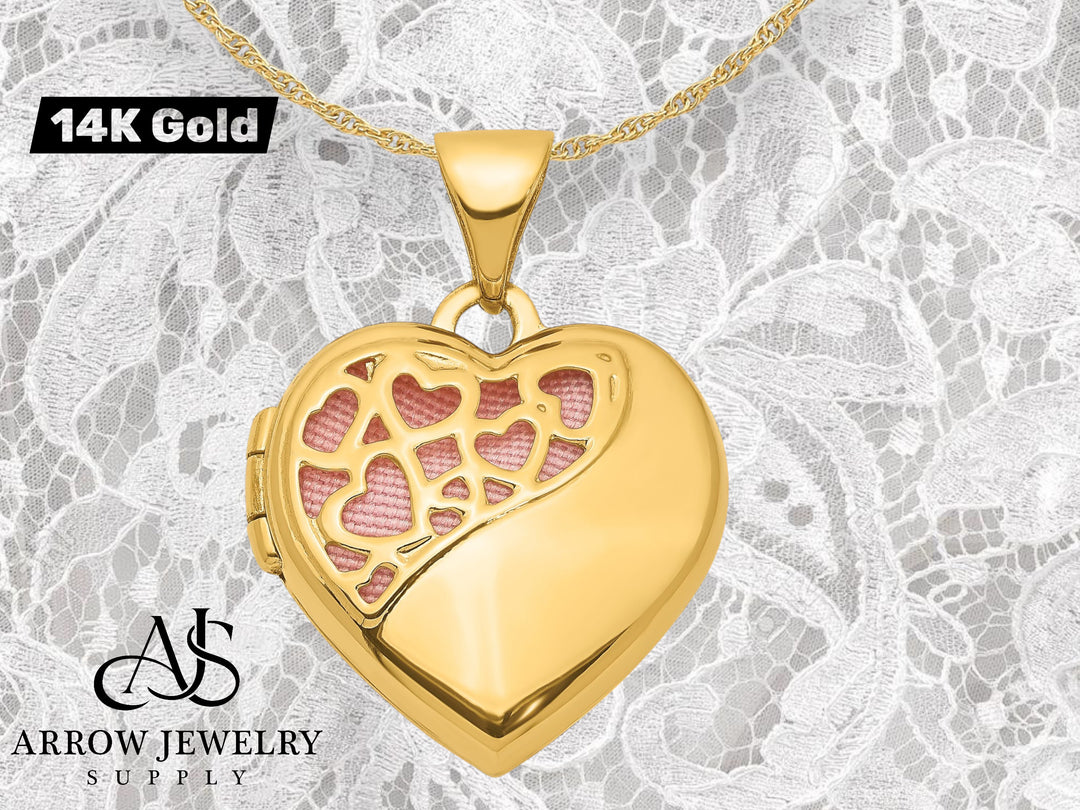 14K Yellow Gold Hearts Cut Out with Pink Fabric Interior 16mm Heart Locket | Build Your Locket Necklace with Engraving, Photo insertions, and Chain Options