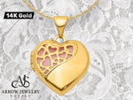 Load image into Gallery viewer, 14K Yellow Gold Hearts Cut Out with Pink Fabric Interior 16mm Heart Locket | Build Your Locket Necklace with Engraving, Photo insertions, and Chain Options
