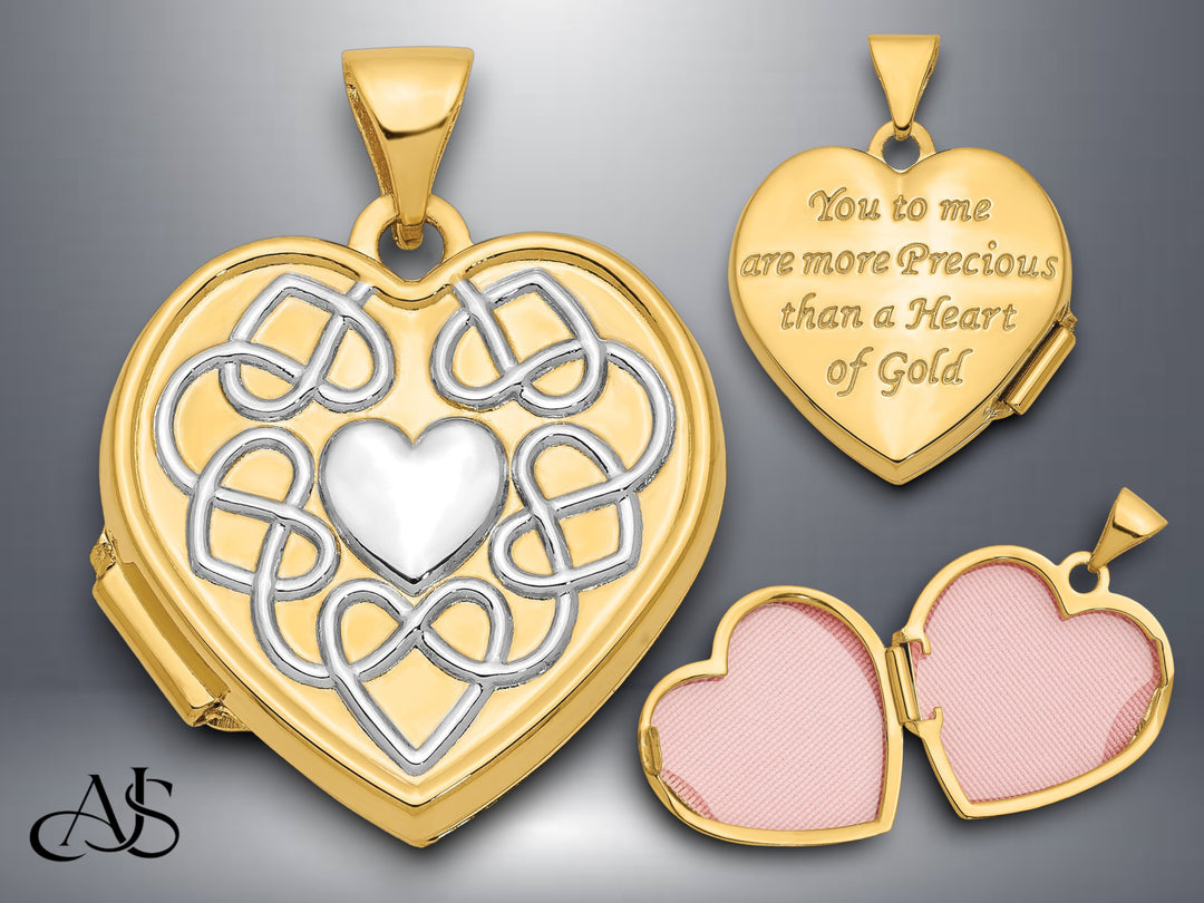 14K Yellow Gold White Rhodium Celtic Knot Heart of Gold Poem Reverse 18mm Heart Locket | Build Your Locket Necklace with Engraving, Photo insertions, and Chain Options